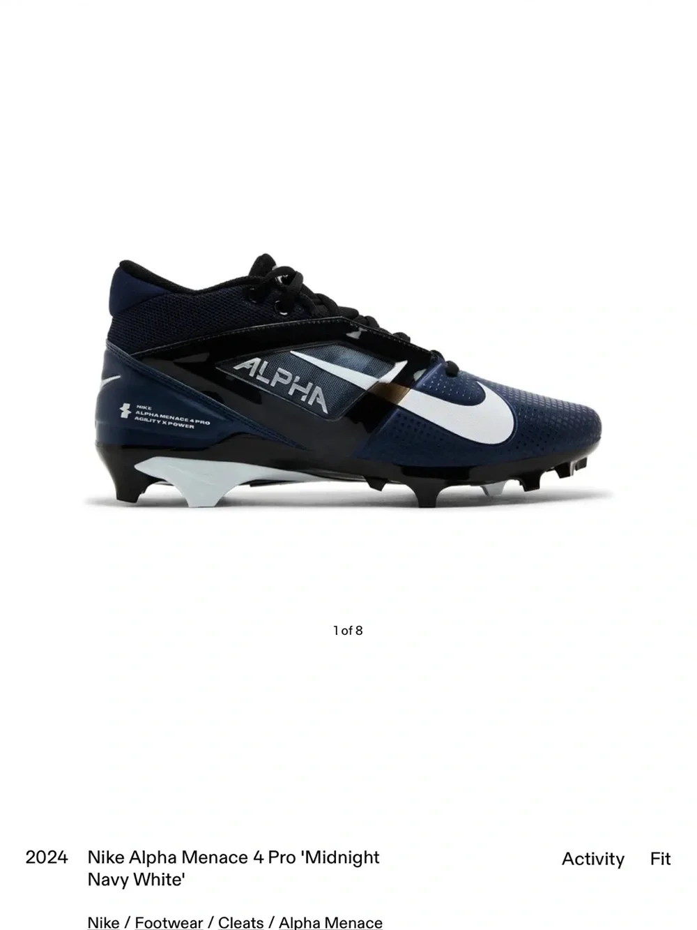 Nike Alpha Menace 4 Pro Cleats in Midnight Navy and White. Men’s 11